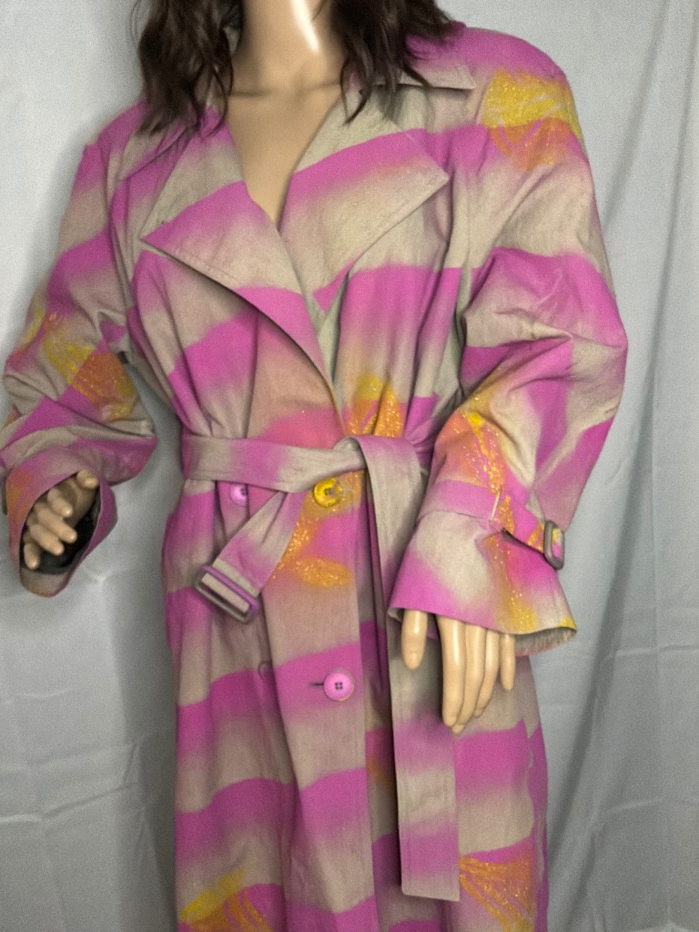 Vintage Custom Hand Painted London Fog Trench Coat 6P OOAK Magenta Gold Art